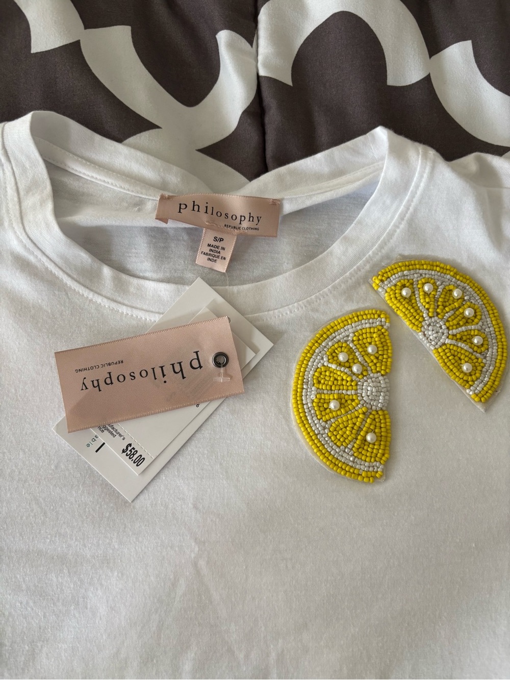 Philosophy Beaded Lemon Slices Embellished White Tee Size S NWT